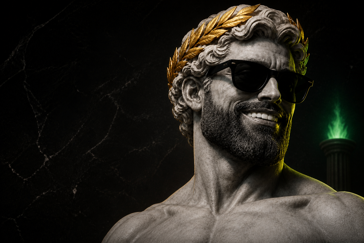 BONER CHAD as a monumental marble bust against black stone